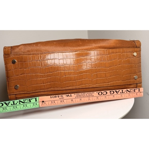 Claudia Firenze Calf Hair Leather Tote Bag Croc Embossed Trim Turn Lock Brown - Picture 10 of 13